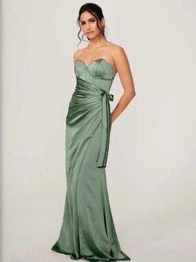 Mori Lee Strapless Satin Gown in Sage Green